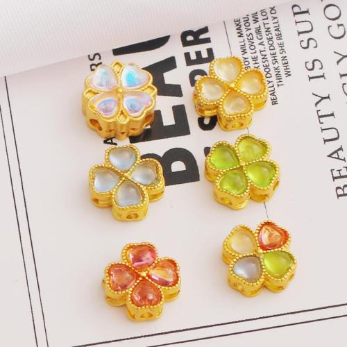 Cats Eye Beads, Zinc Alloy, with Cats Eye, Four Leaf Clover, gold color plated, DIY 10mm [