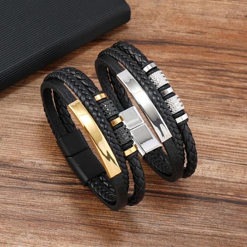 PU Leather Cord Bracelets, Zinc Alloy, with Magnet & PU Leather & 304 Stainless Steel, handmade, for man 