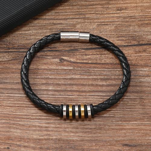 PU Leather Cord Bracelets, Zinc Alloy, with PU Leather & 304 Stainless Steel, for man, black 
