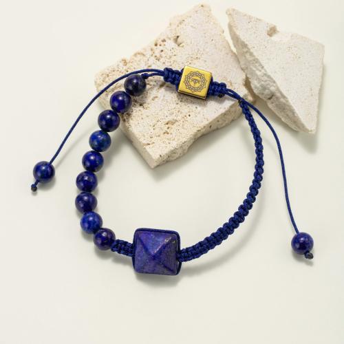 Natural Lapis Lazuli Bracelet, with Knot Cord & Zinc Alloy, Pyramidal, gold color plated, Adjustable & fashion jewelry & Unisex, lapis lazuli, 12mm [