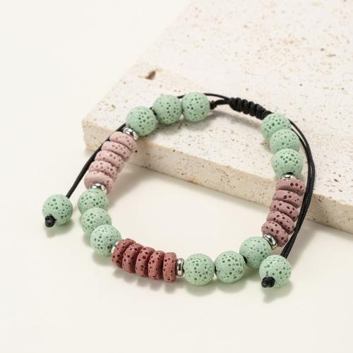 Lava Bead Bracelet, with Knot Cord & 304 Stainless Steel, Round, Adjustable & fashion jewelry & Unisex, mixed colors, 8mm [
