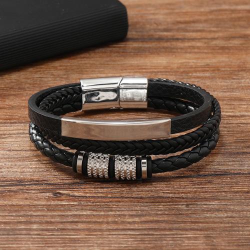 PU Leather Cord Bracelets, Zinc Alloy, with PU Leather & 304 Stainless Steel, handmade, for man, black 