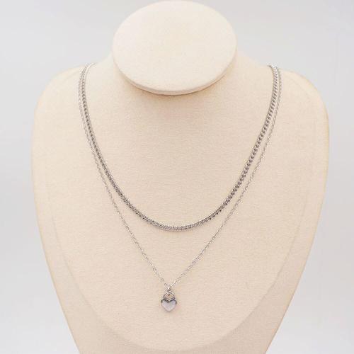 Titanium Steel Jewelry Necklace, with 6cm extender chain, Heart, plated, Double Layer & fashion jewelry, silver color cm 