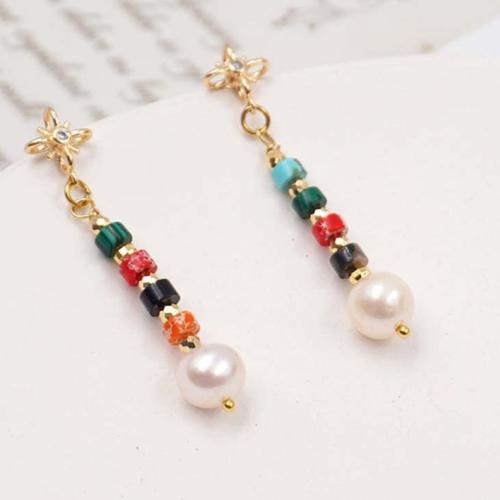 Gemstone Drop Earring, Brass, with Gemstone & Freshwater Pearl, plated, fashion jewelry, golden, 45mm 