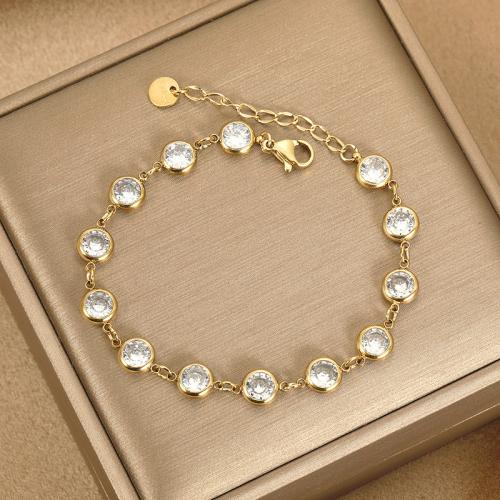 Stainless Steel Charm Bracelet, 304 Stainless Steel, with Plastic Pearl, with 5CM extender chain, plated & micro pave cubic zirconia & for woman & enamel, golden Approx 15 cm 