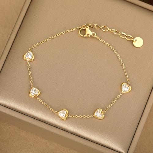 Stainless Steel Charm Bracelet, 304 Stainless Steel, with Gemstone, with 5CM extender chain, plated & micro pave cubic zirconia & for woman & enamel, golden Approx 15 cm 