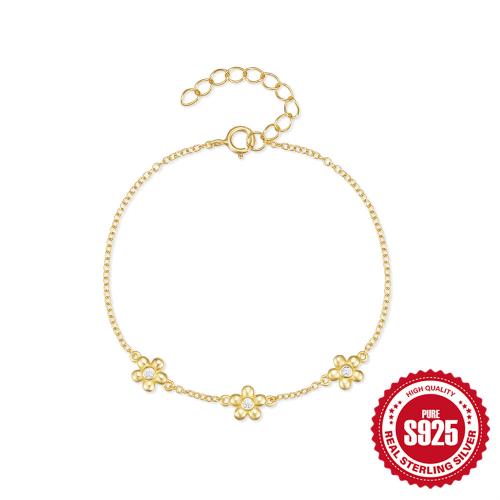 925 Sterling Silver Bracelet, with 1.18inch extender chain, Flower, gold color plated, micro pave cubic zirconia & for woman Approx 6.69 Inch 