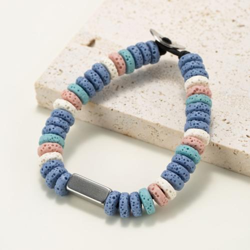 Lava Bead Bracelet, with Titanium Steel & Zinc Alloy, Flat Round, silver color plated, fashion jewelry & Unisex, mixed colors, 15mm 