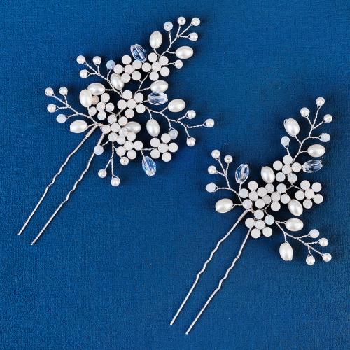 Hair Stick, Zinc Alloy, with Plastic Pearl, 2 pieces & fashion jewelry & for woman, silver color 