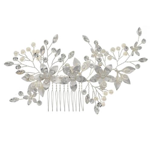 Decorative Hair Combs, Zinc Alloy, with Plastic Pearl, fashion jewelry & for woman & with rhinestone, silver color 