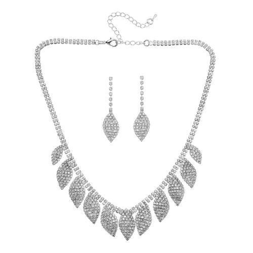 Rhinestone Zinc Alloy Jewelry Set, earring & necklace, 2 pieces & for woman & with rhinestone, silver color 