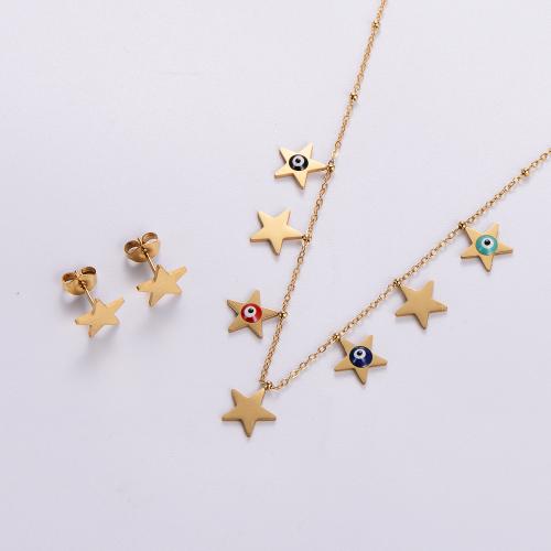 Enamel Stainless Steel Jewelry Sets, 316L Stainless Steel, Stud Earring & necklace, with 5cm extender chain, Star, 2 pieces & for woman, golden Approx 40 cm 