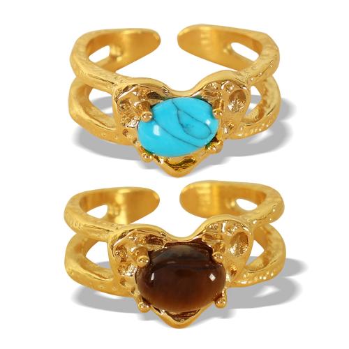 Gemstone Stainless Steel Finger Ring, 304 Stainless Steel, with turquoise & Tiger Eye, fashion jewelry & for woman US Ring [