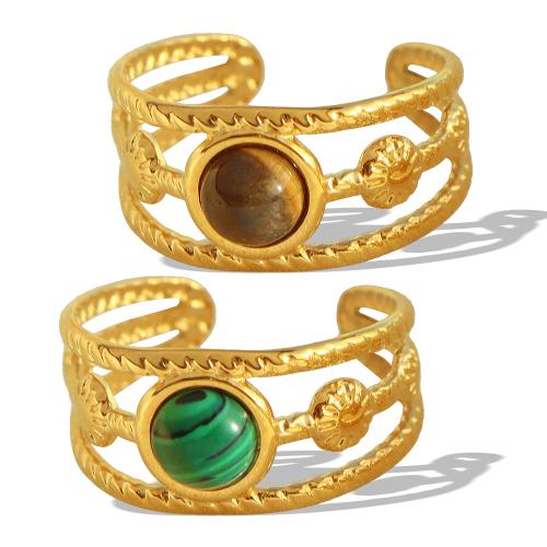 Gemstone Stainless Steel Finger Ring, 304 Stainless Steel, with turquoise & Tiger Eye, fashion jewelry & for woman, golden, US Ring 