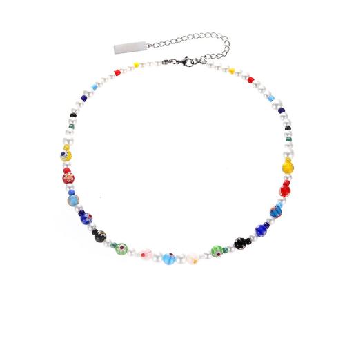 Lampwork Jewelry Necklace, Millefiori Lampwork, with Glass Beads & 304 Stainless Steel, with 8cm extender chain, fashion jewelry & Unisex, multi-colored cm 