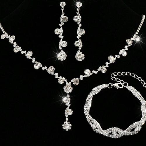 Brass Jewelry Set, bracelet & earring & necklace, silver color plated, multilayer & for woman & with rhinestone 