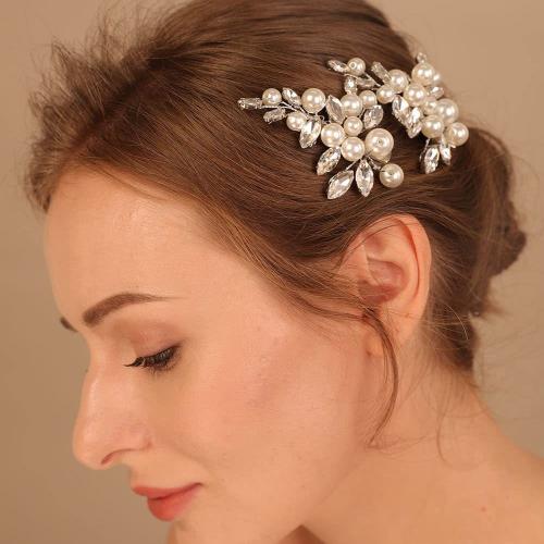 Hair Slide, Iron, with Plastic Pearl, silver color plated, for woman & with rhinestone 
