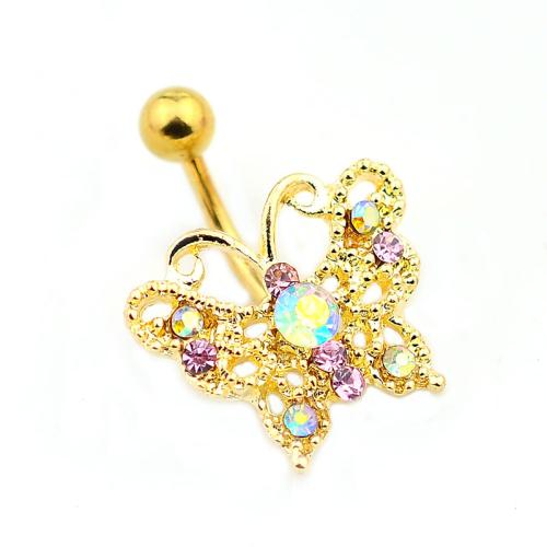 Belly Ring Jewelry, Zinc Alloy, plated, Unisex & with Czech rhinestone, golden, 5MM steel ball *1.6*11MM bend rod 