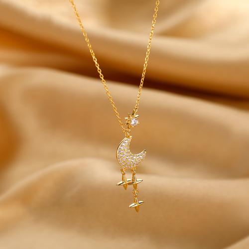 Cubic Zircon Micro Pave Brass Necklace, Moon and Star, fashion jewelry & micro pave cubic zirconia & for woman Approx 40 cm 