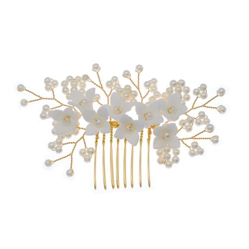 Dekoratives Haarkämmchen, Zinklegierung, mit Kunststoff Perlen, Modeschmuck & für Frau, goldfarben, 105x63mm, verkauft von PC
