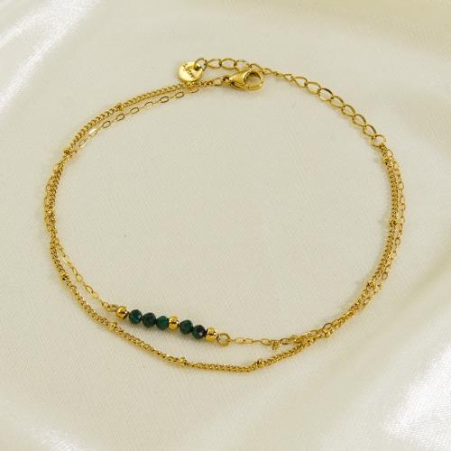 Stainless Steel Anklets Jewelry, 304 Stainless Steel, with Cubic Zirconia & Malachite, with 5cm extender chain, Vacuum Ion Plating, fashion jewelry & for woman Approx 20 cm 