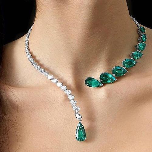Rhinestone Brass Necklace, silver color plated, for woman & with rhinestone, green cm 