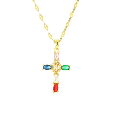 Cubic Zircon Micro Pave Brass Necklace, with 304 Stainless Steel, with 5CM extender chain, Cross, real gold plated, micro pave cubic zirconia & for woman Approx 45 cm 