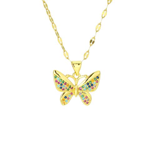 Cubic Zircon Micro Pave Brass Necklace, with 304 Stainless Steel, with 5CM extender chain, Butterfly, real gold plated, micro pave cubic zirconia & for woman Approx 45 cm 
