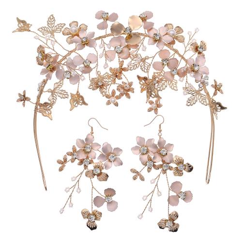 Messing Haar-Schmuck-Set, Haarband & Ohrring, mit Kunststoff Perlen, 2 Stück & für Frau & mit Strass, goldfarben, verkauft von setzen