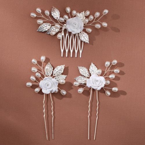 Zinc Alloy Hair Jewelry Set, hair comb & hair stick, with Plastic Pearl, three pieces & for woman & with rhinestone, silver color 