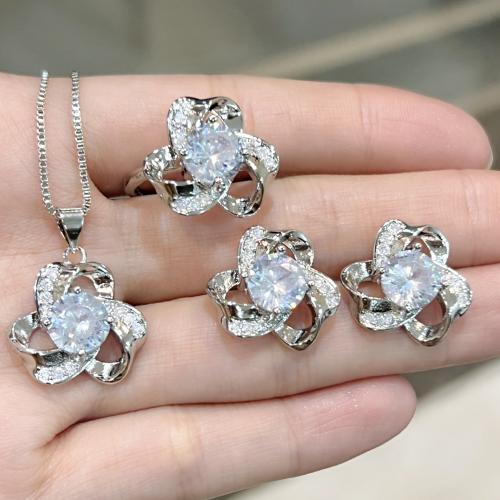 Brass Jewelry Set, Stud Earring & necklace spinning loom tool & finger ring, silver color plated & for woman & with rhinestone [