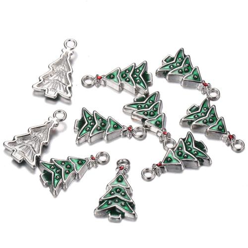 Zinc Alloy Christmas Pendants, Christmas Tree, silver color plated, DIY & enamel, green [
