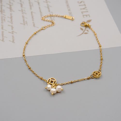 Natural Freshwater Pearl Jewelry Sets, Titanium Steel, with Freshwater Pearl, plated, fashion jewelry golden, The length of the anklet is about 31.5+3.5cm and the length of the bracelet is about 16.5+3.5cm [
