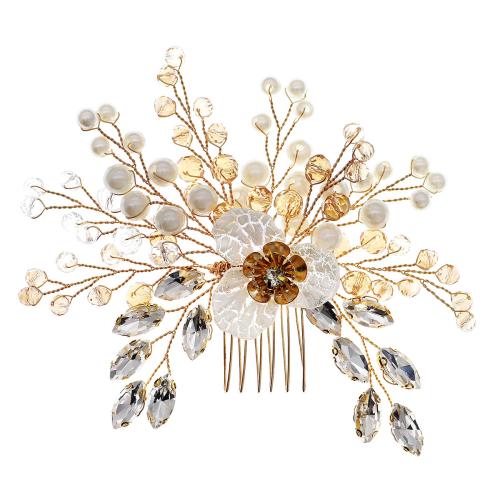 Bridal Decorative Hair Comb, Zinc Alloy, with Plastic Pearl, fashion jewelry & for woman & with rhinestone, golden [