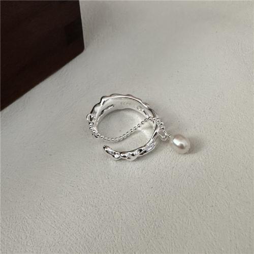925 Sterling Silver Cuff Finger Ring, with Plastic Pearl, polished, Korean style & for woman, US Ring .5 