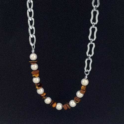 Stainless Steel Jewelry Necklace, 304 Stainless Steel, with Tiger Eye & Plastic Pearl, with 3cm extender chain, polished, fashion jewelry & Unisex, original color Approx 50 cm 