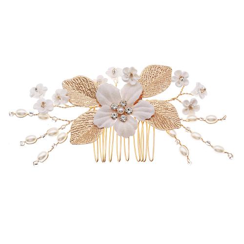 Bridal Decorative Hair Comb, Zinc Alloy, with Polymer Clay & Plastic Pearl, fashion jewelry & for woman & with rhinestone, golden [