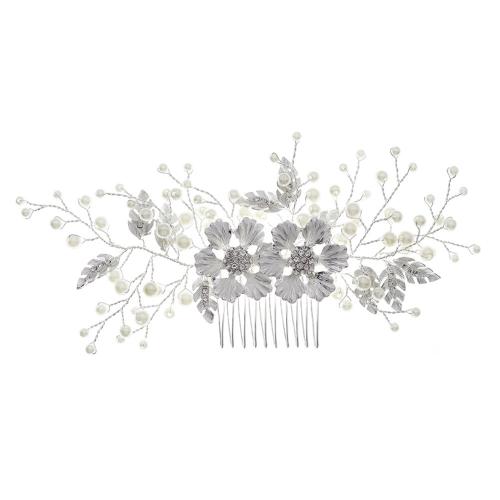 Bridal Decorative Hair Comb, Brass, with Plastic Pearl, fashion jewelry & for woman & with rhinestone, silver color [