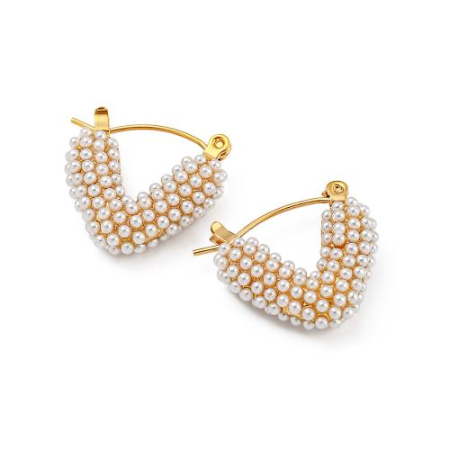 Edelstahl Baumeln Ohrring, 304 Edelstahl, mit Kunststoff Perlen, 18K vergoldet, Modeschmuck & für Frau, goldfarben, 18.8x18mm, verkauft von Paar
