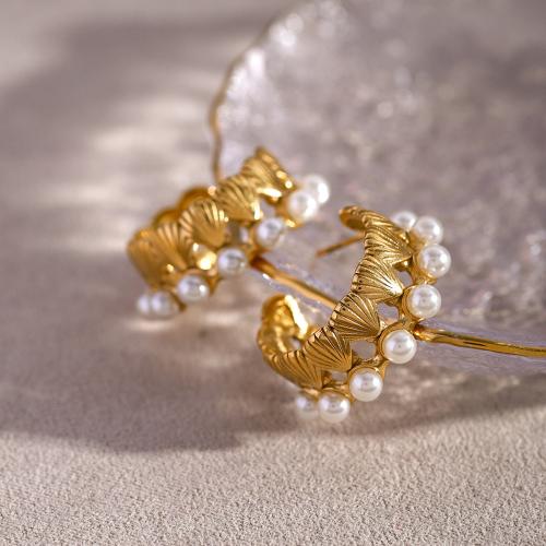 Edelstahl Stud Ohrring, 304 Edelstahl, mit Kunststoff Perlen, 18K vergoldet, Modeschmuck & für Frau, goldfarben, 28x10mm, verkauft von Paar