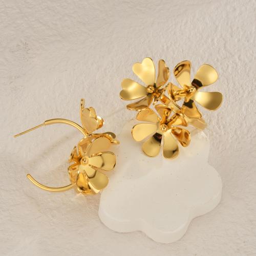 Edelstahl Stud Ohrring, 304 Edelstahl, Blume, plattiert, Modeschmuck, goldfarben, 37x37mm, verkauft von Paar