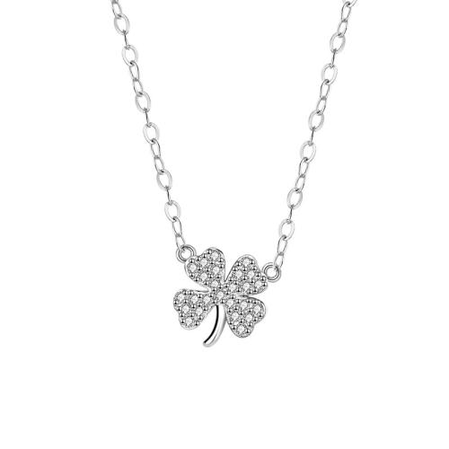 925 Sterling Silver Necklace, with 2inch extender chain, Four Leaf Clover, platinum plated, cross chain & for woman & with rhinestone Approx 15.7 Inch 