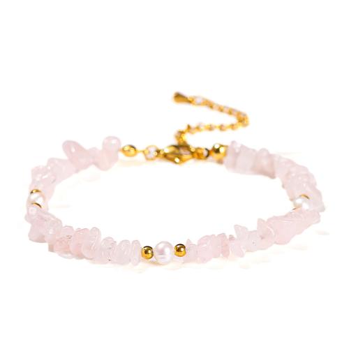 Rose Quartz Bracelet, with Plastic Pearl & 304 Stainless Steel, irregular, handmade, fashion jewelry & for woman, beads length 3-5mm Approx 6.5-7 Inch 