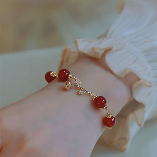 Red Agate Bracelet, with Zinc Alloy, Rose, gold color plated, for woman & with rhinestone Approx 6-8 Inch 
