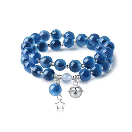 Стеклянный браслет, с цинковый сплав, Колокольчик, Двойной слой & Женский, голубой, длина:Приблизительно 6-8 дюймовый, продается PC