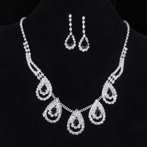 Rhinestone Zinc Alloy Jewelry Set, earring & necklace, with 22.5cm extender chain, 2 pieces & for woman & with rhinestone earring 35*12mm Approx 33.5 cm 