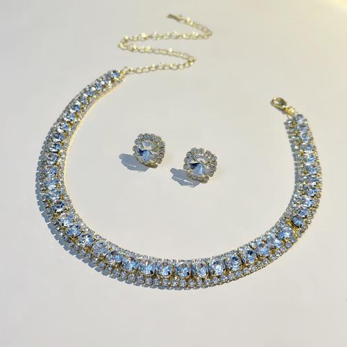 Conjunto de joyería de diamantes de imitación de la aleación de Zinc, Pendiente de stud & collar, con 18cm extender cadena, 2 piezas & para mujer, más colores para la opción, earring 15mm, longitud:aproximado 30 cm, Vendido por Set[