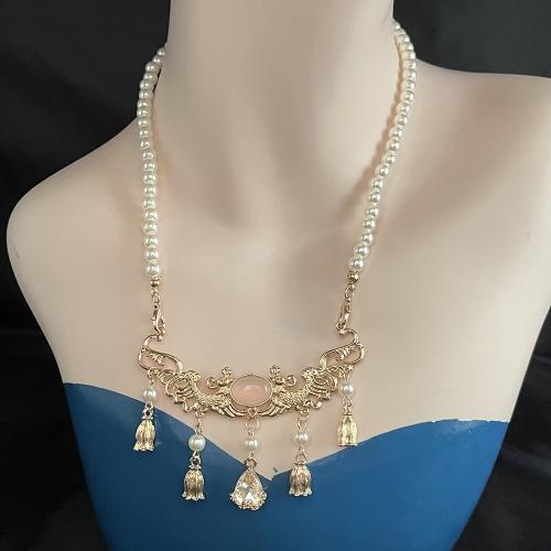 Rhinestone Zinc Alloy Necklace, with Resin & Plastic Pearl, gold color plated, for woman & with rhinestone cm 