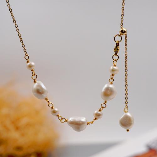 Natural Freshwater Pearl Necklace, Titanium Steel, with Freshwater Pearl, with 5.5cm extender chain, plated, fashion jewelry, golden cm 