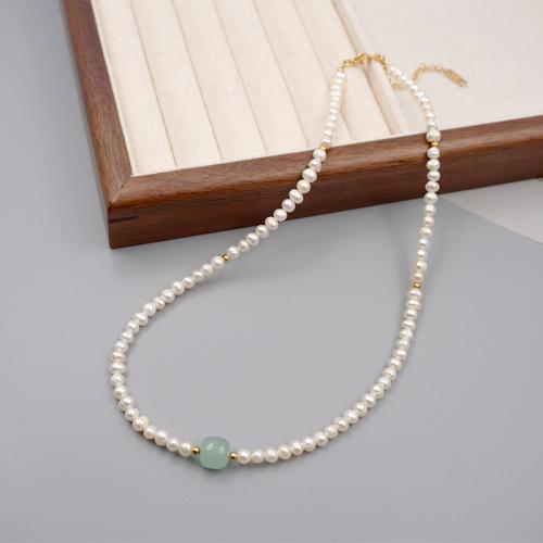 Natural Freshwater Pearl Necklace, Titanium Steel, with Crystal Pearl & Jade & Freshwater Pearl, with 5.5cm extender chain, plated, fashion jewelry cm 